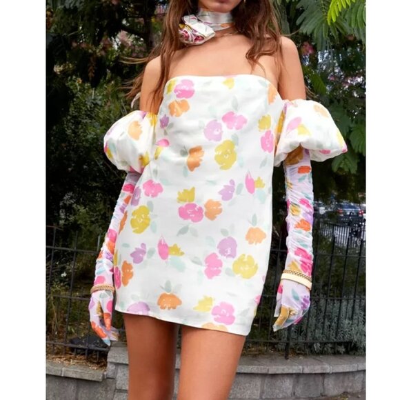 NEW FOR LOVE & LEMONS HAZEL WHITE SATIN MINI DRESS WITH FLORAL PRINT SIZE XXS - Picture 1 of 15